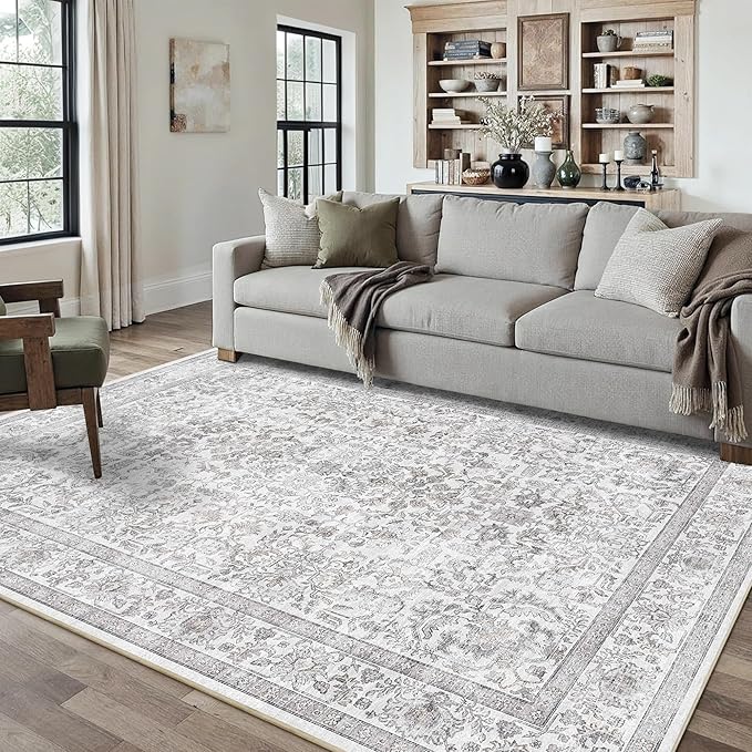 6x9 Gray Washable Area Rugs for Living Room Non Slip Low Pile Vintage Boho Throw Rug Soft Retro Distressed Floral Large Carpet Indoor Farmhouse Decor for Bedroom Dining Room Office Kitchen Playroom