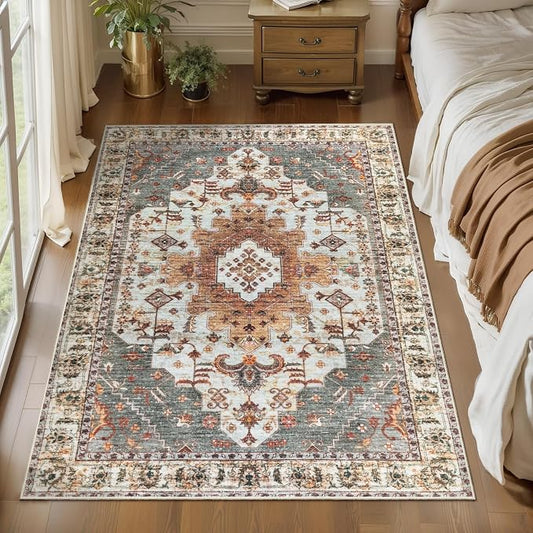 Tangsoo Area Rug 3x5 Bedroom Rug, Washable Vintage Rugs Indoor, Non Slip Accent, Print Distressed Turmeric Carpet, Soft Low Pile Rug for Living Room Dorm Bedroom Bedside Entryway Bathroom