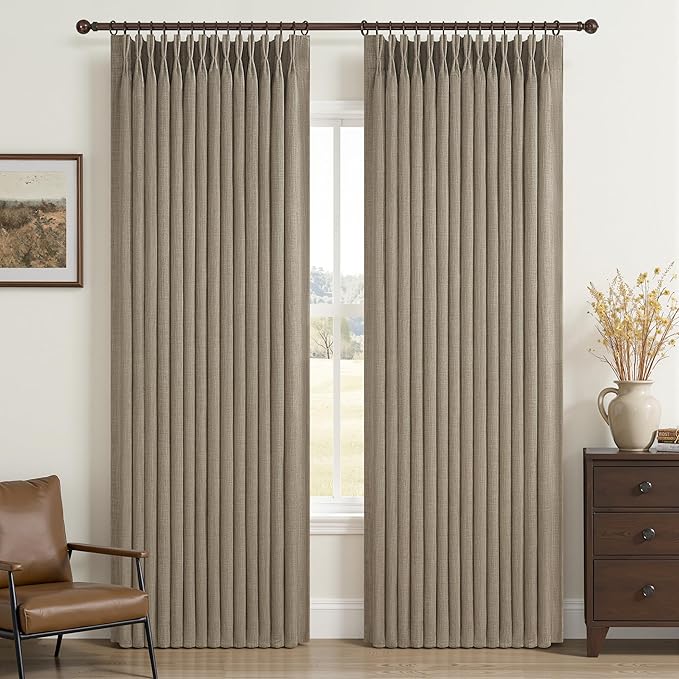 Blackout Pinch Pleated Living Room Curtains 84 Inches Long 2 Panels Set, Memory Trained Oak Taupe Dual Layer Thick Linen Thermal Sound Dampening Neutral Windows Drapes for Dining Room 7 FT Length