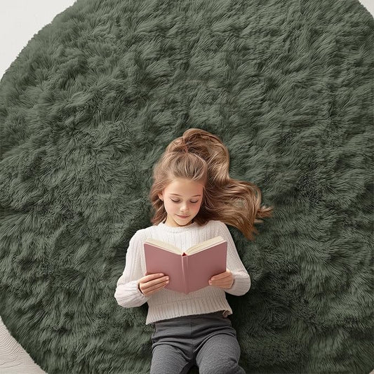 OLANLY Olive Green Round Rugs for Bedroom - Machine Washable, 6 ft Circle Area Rugs for Living Room, Soft and Fluffy Shaggy Carpet for Teen Girl and Boys, Nursery Rooms, Dorms, Home Decor Aesthetic