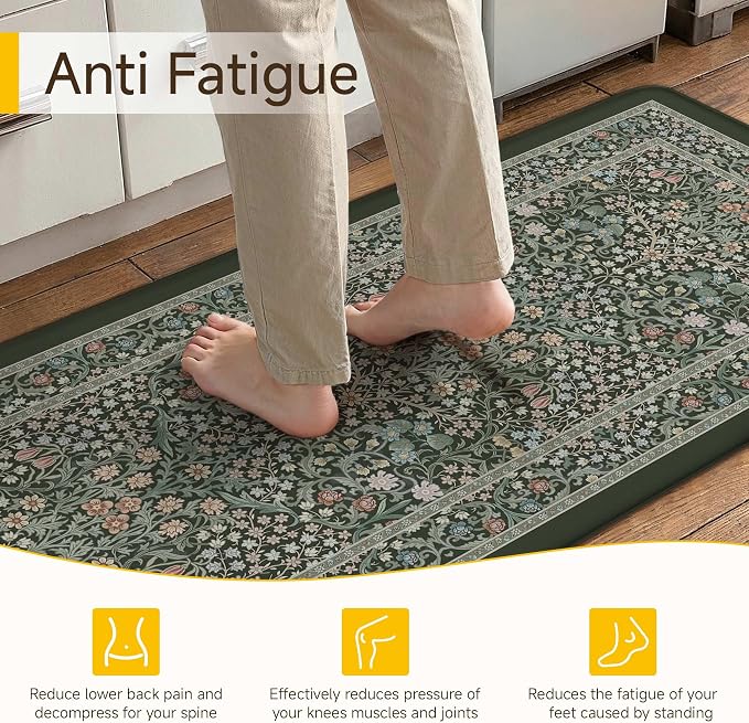 Kitchen Mats for Floor Thick Anti Fatigue Waterproof Vintage Spring Floral Kitchen Rugs 2PCS Cushioned Non Slip Black Green Comfort Standing Mats for Sink Laundry Office 17.3"×47"+17.3"×30"