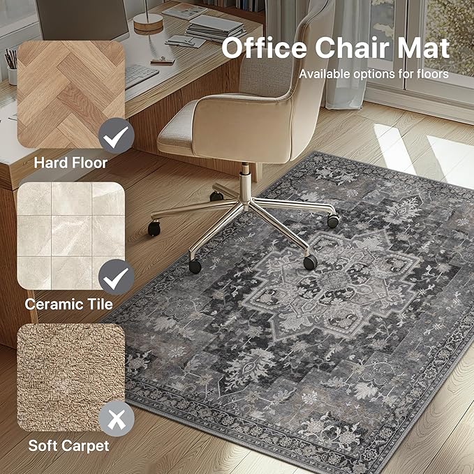 30"x48" Office Chair Mat for Hardwood Tile Floor, Under Desk Carpet Protector for Rolling Computer Chair Mat, Machine Washable Area Rug, Anti-Slip 1/5" Thick Low Pile Thin Vinyl Floor Mat, Black