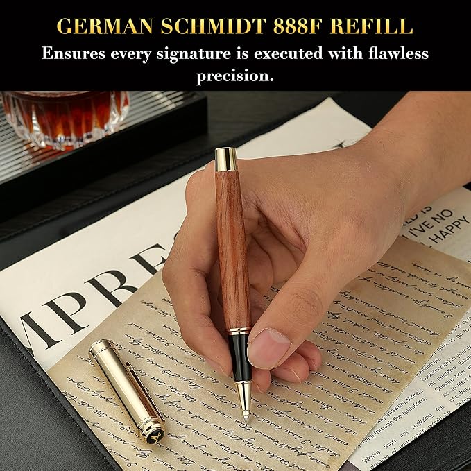 316 Luxury Journaling Pen, Nice Natural Wood for Writing, 24K Gold Accents, Schmidt refill, Fancy Rollerball, Gift Set for Men & Women, Executive & Professional Christmas Office, Pens-Rosewood