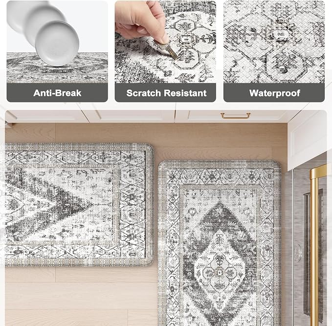 KIMODE Kitchen Mats Cushioned Anti Fatigue, Boho Vintage Kitchen Rugs, Grey 20"x39" Kitchen mats for Floor,Non Slip Kitchen Floor Mat, Comfort Padded Kitchen Floor Mats for Sink Laundry Office Desk