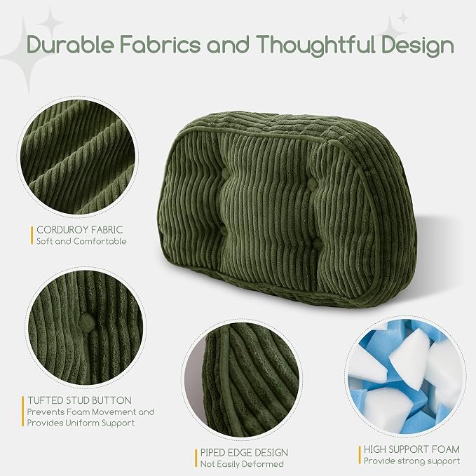 HIGOGOGO Lumbar Support Pillow for Recliner Chair/Accent Chair/Couch/Office Chair, Tufted Corduroy Back Support Cushion for Elderly, Recliner Cushions for Back Rest, Pain Relief, Reading, Dark Green