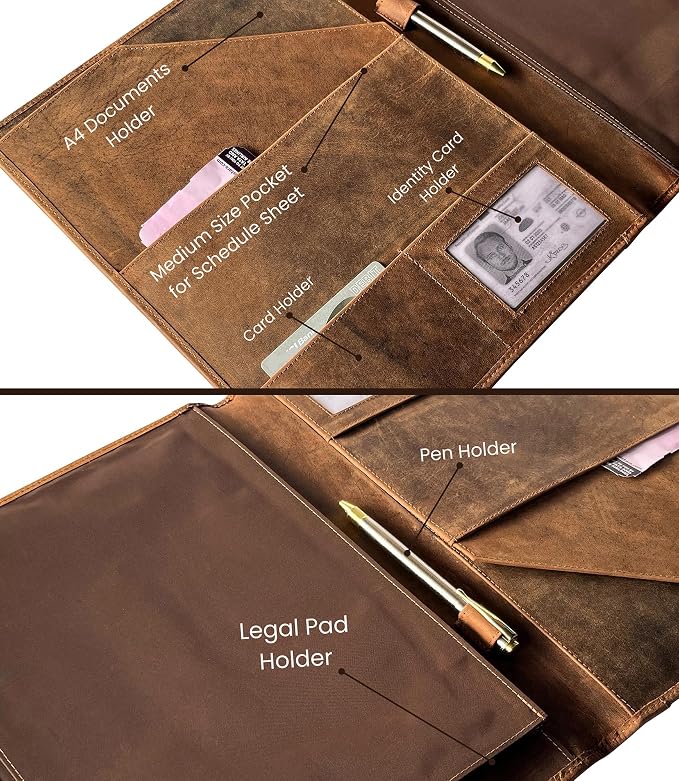 Leather Business Portfolio by Rustic Town | A4 Conference Folder Gift for Men & Women | Handmade Durable Leather Padfolio 3 + 1 Sleeves for Documents and Notepad