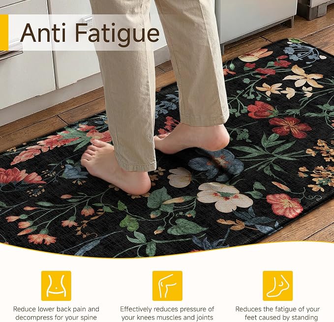 PureCozy Kitchen Mats 2PCS Anti Fatigue Cushioned Mat Non Slip Floral Boho Kitchen Mats for Floor Waterproof Comfort Standing Black Rug for Sink Laundry Office Desk 17.3"x47"+17.3"x30"