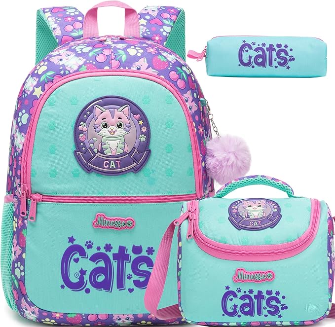 Girls School Backpack for Kids Ages 6-8,Backpack for Girls Cute Cat Lightweight Bookbag Perfect Back to School Gift for Kids with Lunch Box Pencil Case