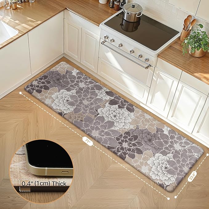 GENIMO Anti Fatigue Kitchen Runner Mats for Floor, Cushioned Standing Mats | 23"x71" , Coffee Brown vintage floral rug set, waterproof, non slip, easy-clean for farmhouse