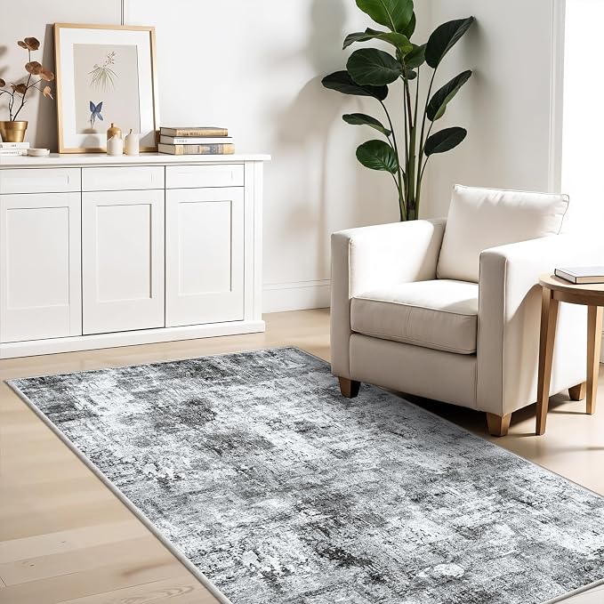 3x6 Washable Wide Runner Rug – Non-Slip Floor Carpet Runner for Kitchen Entryway Hallway Bathroom, Modern Abstract Low Pile Thin Area Rug (Grey)