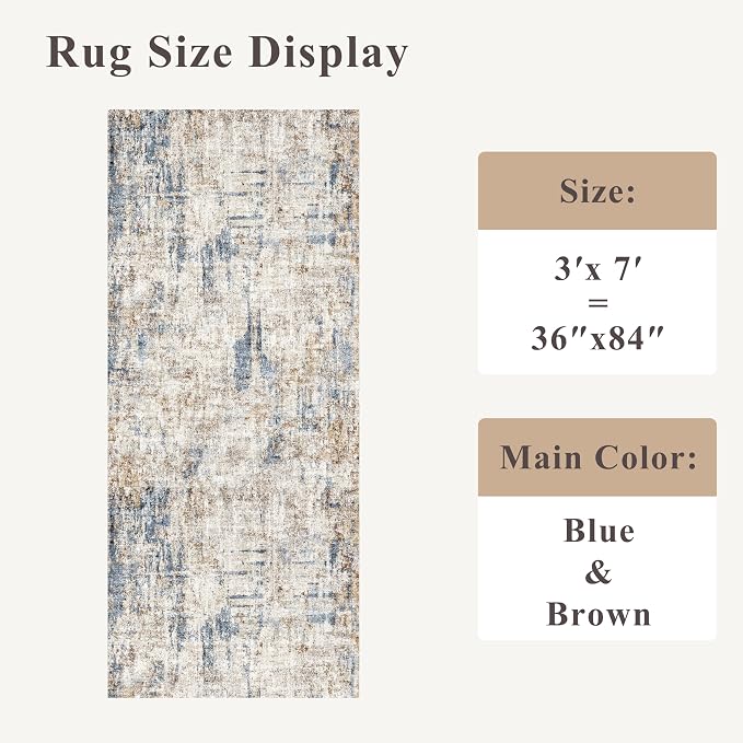 3x7 Washable Non-Slip Kitchen Runner Rug – Modern Abstract Neutral Beige & Gray Carpet for Hallway, Entryway, Bedroom, Laundry Room – Low-Pile Thin Wide Floor Runner with Rubber Backing（Blue Brown）