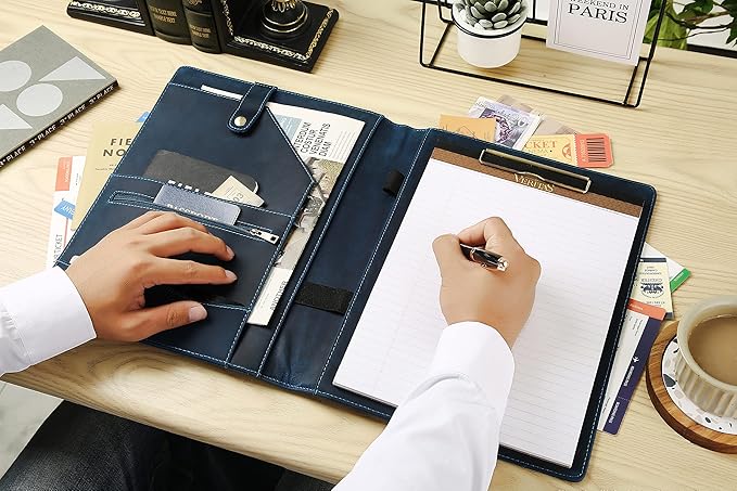 DUKE&COW Personalized Leather Portfolio for Men, Engraved Clipboard Portfolio Binder, Custom Leather Resume Padfolio for Women for His/Her (Clipboard, Blue)