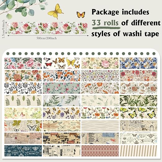TaoBary 33 Rolls Washi Tape Set, 15 mm Holiday Washi Tape Set Seasonal Plaid Bohemian Colorful Vintage Cute for Card Wrapping Craft(Vintage Style)