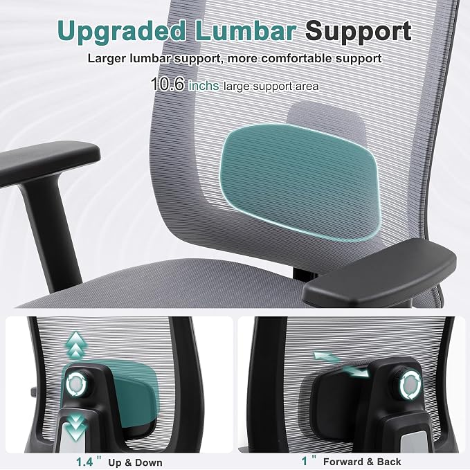 Shintenchi Mesh Office Chair, Ergonomic Home Office Desk Chair with Adjustable Lumbar Support, Headrest, 90°-135° Tilt, Computer Chair for Home Office, Gray Task Chair