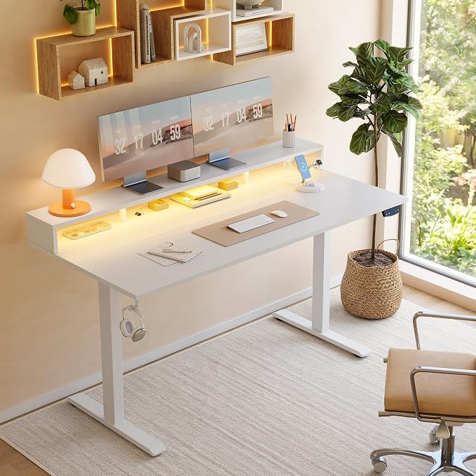 Klicelor Electric Standing Desk with Shelf, 63 Inch Height Adjustable Desk with Power Outlets & LED, Sit Stand Up Table with Monitor Stand, Computer Workstation for Home Office, White