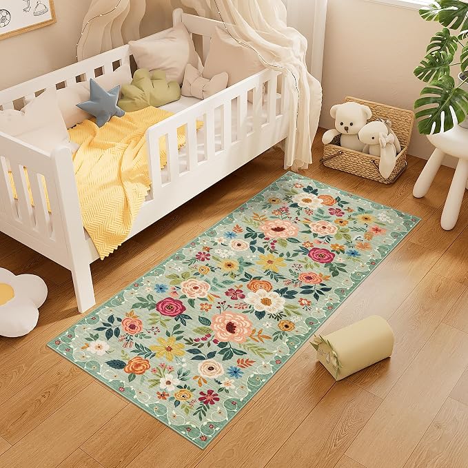 DUKINO 2x5 Runner Rug for Hallway, Washable Kitchen Floral Runner Rug with Non Slip Backing, Low Pile Soft Boho Carpet for Kitchen, Hallway, Entryway, Laundry, Bedroom, Green