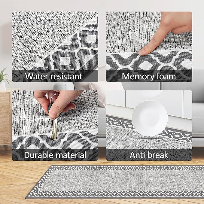 Grey Cushioned Kitchen Mat Anti Fatigue Kitchen Rugs, Heavy Duty Non-Skid, Ergonomic Comfort Foam Kitchen Floor Mat for Home, Office, Sink, Laundry - Gray 17.3"x94.5"