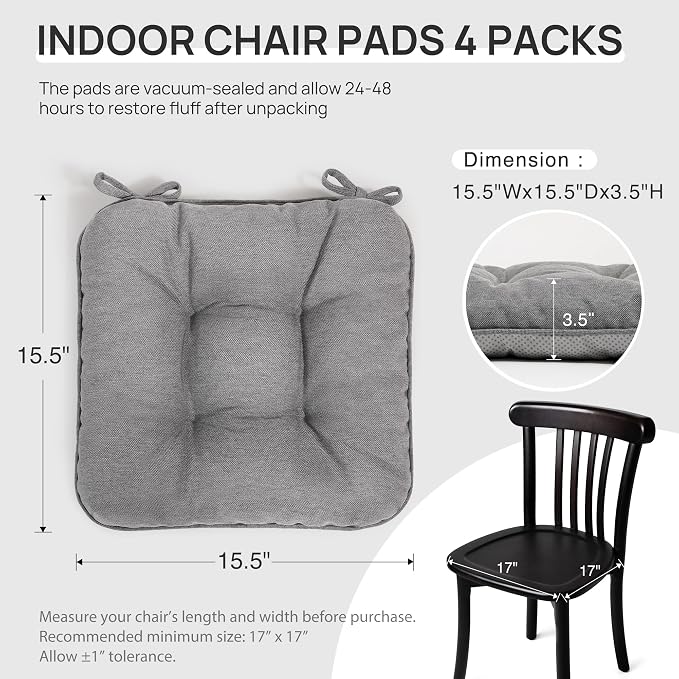 Love's cabin Memory Foam Chair Cushions Set of 4, 15.5"x15.5"x3.5" Indoor & Outdoor Seat Pads for Dining, Kitchen, Office, Patio Chairs - Grey