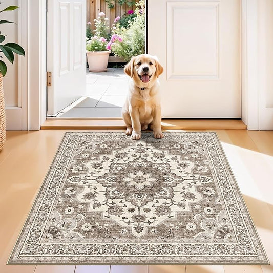 TOPRUUG Beige Washable Entry Rug - 3x3 Area Rugs for Kitchen Bedroom Bedside Bathroom Entryway Non Slip with Rubber Backing Low Pile Ultra Soft Stain Resistant Small Carpet (Beige, 3x3)