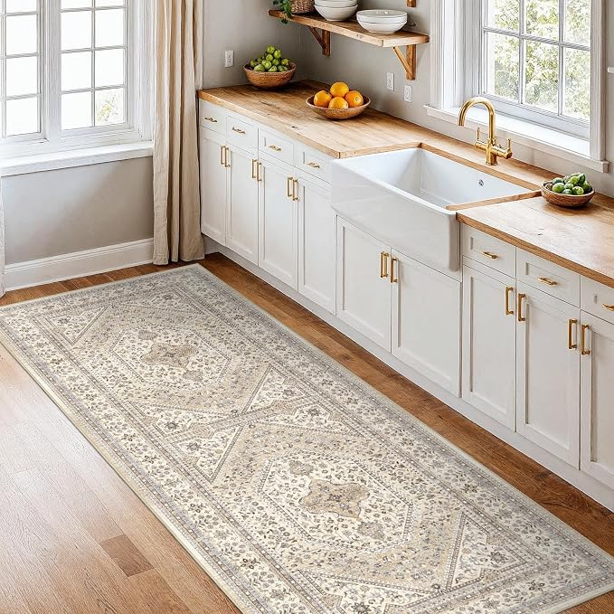 2x7 Runner Rug for Hallway Washable: Non Slip Kitchen Rugs with Rubber Backing Soft Waterproof Wide Mats Stain Resistant Low Pile Carpet for Entryway Bedroom Bathroom Laundry Home Decor Beige/Gray