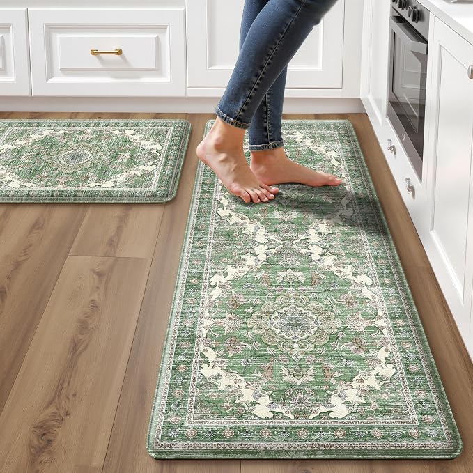 Boho Kitchen Mats for Floor 2 Piece Set Anti Fatigue Cushioned PVC Kitchen Rugs Non Slip Waterproof Farmhouse Mats 2/5 Inch Comfort Standing Mat for Sink, Laundry, 17.3"x47"+17.3"x28", Spring Green