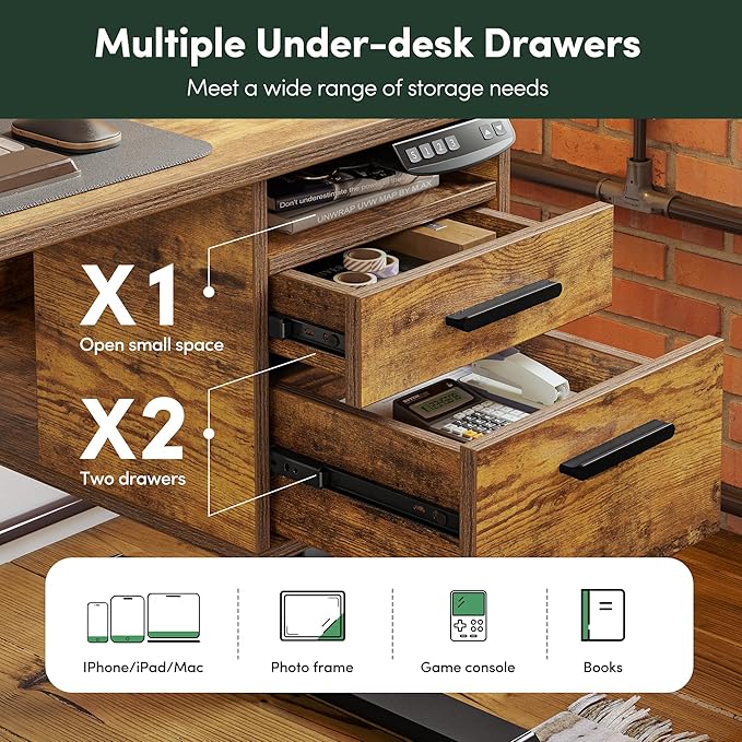 CubiCubi Standing Desk with Wood Drawers, 48" x 24" Electric Height Adjustable Table with Monitor Shelf, 3 Drawers and Open Storage, Computer Home Office Sit and Stand up Workstation, Rustic Brown