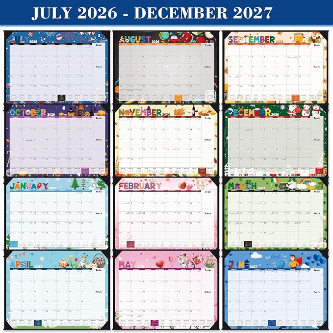 2026-2027 Desk Calendar - Large Desk Calendar 2026-2027, Jul.2026 - Dec.2027, 22" x 17", 18 Months Calendar with Corner Protectors + Large Ruled Blocks, To-do & Notes, 12 Different Themes