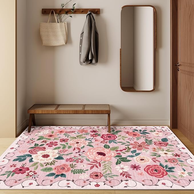 DUKINO 4x6 Area Rug, Floral Rugs for Living Room, Lightweight Non Slip Washable Rug, Indoor Low Pile & Non-Shedding Boho Design Rugs for Bedroom, Living Room, Dining Room, Pink