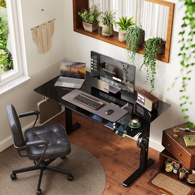 INNOVAR Glass Standing Desk with Drawers, 55×24 Inch Adjustable Stand Up Desk, Quick Install Home Office Computer Desk, Black | Tempered Glass Top, Ergonomic, Adjustable Height, Stand Up Desk,4 Memory Presets