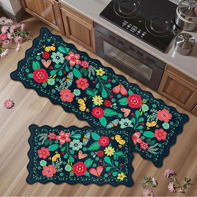 Scalloped Kitchen Mats for Floor 2PC Cushioned Anti Fatigue Kitchen Mats Rugs Waterproof Non Slip Farmhouse Boho Floral Comfort Foam Standing Mat for Sink Laundry, Navy