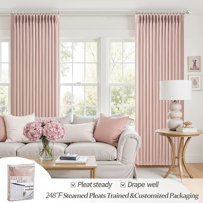 Light Pink Extra Long Floor to Ceiling Curtains 108 Inches Long for Kids Room, Memory Trained Pinch Pleated Blackout Insulated Two Layer Linen Drapes with Hooks Rings Privacy Luxury Curtain 2 Panels