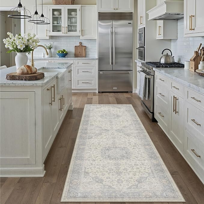 PureCozy 2x6 Runner Rug Washable Neutral Gray Vintage Hallway Kitchen Carpet Non Slip Low Pile Soft Floral Indoor Long Grey Throw Rug for Bedroom Bathroom Laundry Living Room