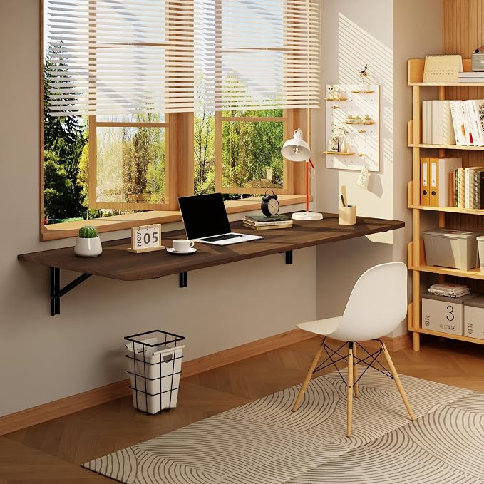 IAE Wall Mounted Floating Foldable Desk 60" x 22" Folding Computer Workstation Table with Engineered Wood and Metal Shelf Brackets,Fold&Floating Design for Home Office, Apartment,Laundry Room,Walnut