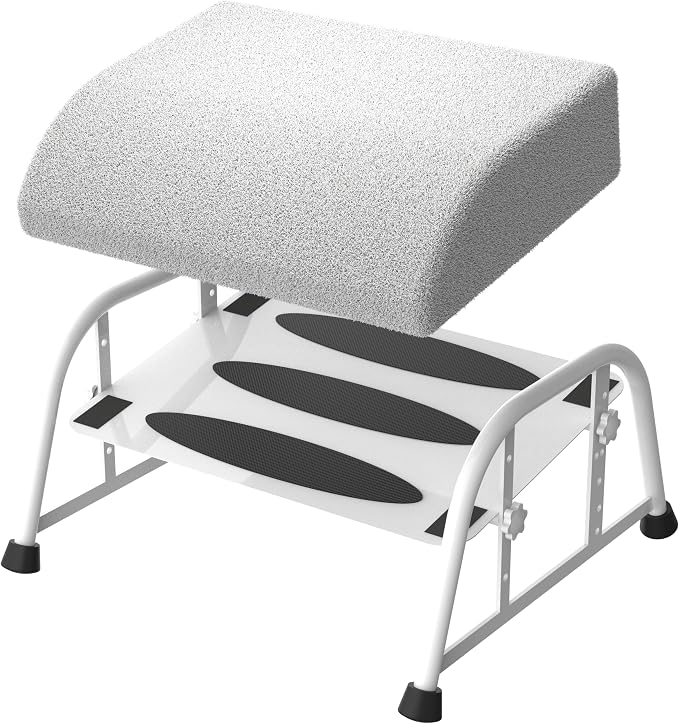 10-Level Adjustable Under Desk Footrest, XL White Metal Frame | Ergonomic under desk leg rest or desk foot rest. Home computer heavy duty office chair foot stool for gamers,work(White Plus)