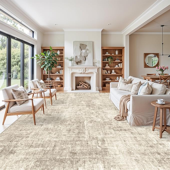 12x15 Area Rug for Living Room – Extra Large Modern Neutral Abstract Washable Carpet, Soft Low Pile Non-Slip Stain-Resistant Oversized Rug for Bedroom Dining Room Home Office (Warm Beige)
