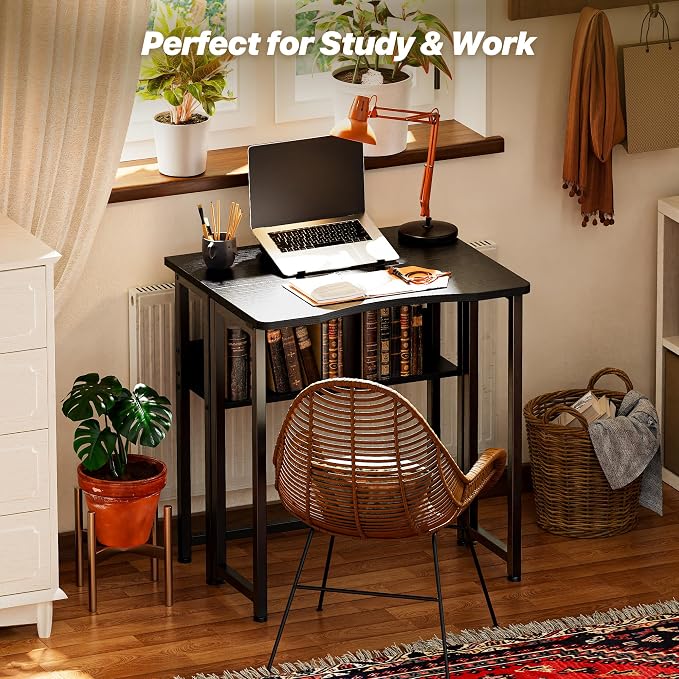 Huuger Folding Desk with Storage Shelf, 23.6 Inch Foldable Computer Table for Small Spaces, Space Saving Sofa Table for Couch, Writing Work Office Computer Desk, Easy to Fold, Black