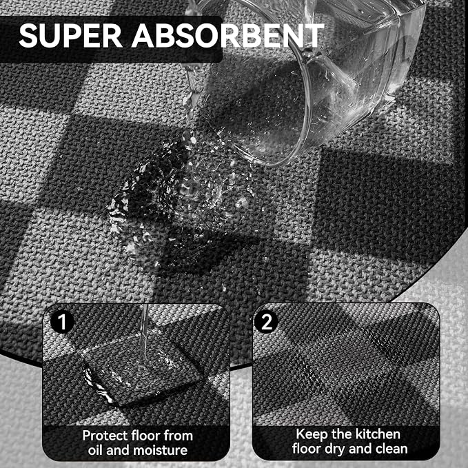 YDKGL Kitchen Runner Rugs Non Slip Washable, Super Absorbent Kitchen Mats for Floor, Linen-Look Woven Sink Mat Standing Mat, Easy Clean, Black Gray Checkered 17"x59"