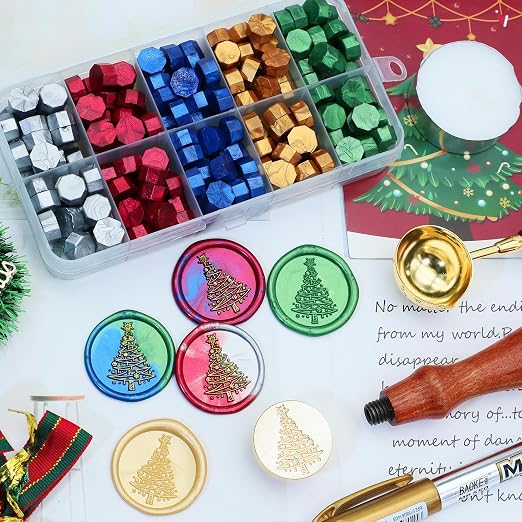 SWANGSA Christmas Tree Wax Seal Stamp Kit with 200pcs Sealing Wax Beads and Pen, Great for Embellishment of Christmas Cards, Invitations, Wine Packages, Gift Ideas