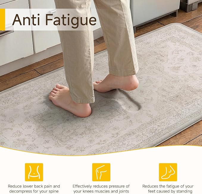PureCozy Kitchen Mats for Floor Anti Fatigue Cushioned Beige Vintage Kitchen Mats Waterproof Non Slip Comfort Standing Oriental Medallion Runner Rug for Sink Laundry Office Bathroom 17.3"x59"