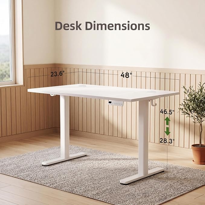 Claiks 48 x 24 Inch White Electric Standing Desk | Adjustable Height, Sit Stand, 3 Memory Presets, Cable Management, Spacious Ergonomic, Home Office & Bedroom