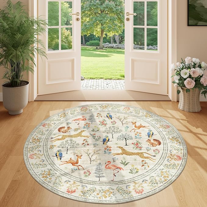 DUKINO 4ft Round Rug, Washable Round Area Rug, Non Slip Indoor Low Pile Animal Design, Soft Small Vintage Circle Carpet for Bedroom, Entryway, Living Room, Dining Room, Beige