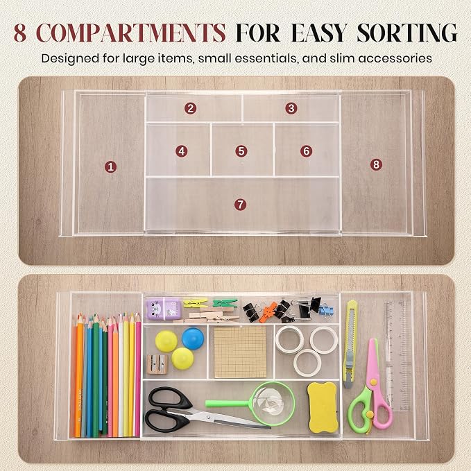 4pack Shallow Expandable Drawer Organizer, Adjustable 12.5”–20” Clear Plastic Drawer Organizer Tray for Vanity Bathroom Desk Kitchen Drawers, Multi Compartment Storage