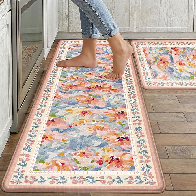 Anti Fatigue Kitchen Mats 2PCS Thick Non Slip Cushioned Rugs Pink Abstract Floral Waterproof Comfort Standing Mats for Floor Sink Laundry Office 17.3"×47"+17.3"×30"