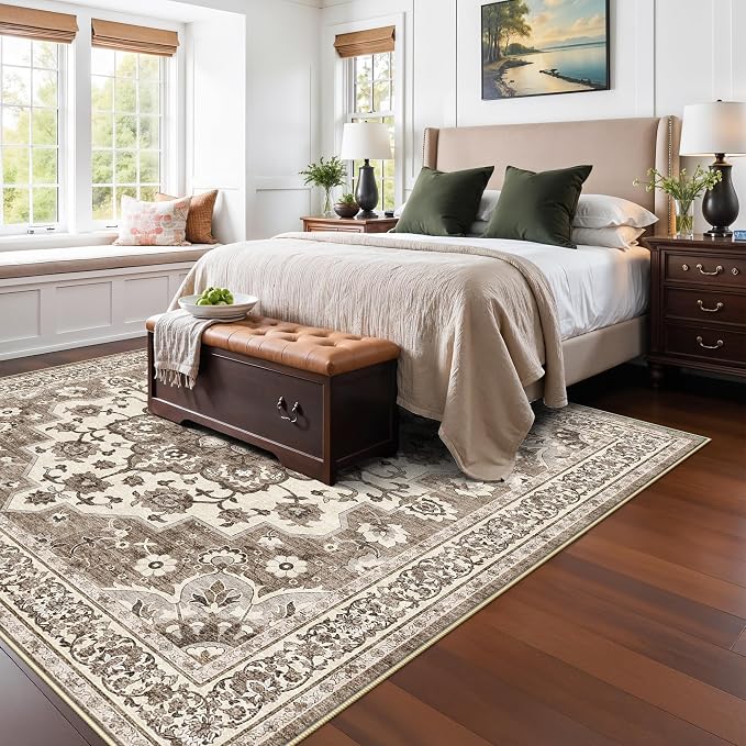 TOPRUUG Washable Oriental Area Rug - 8x8 Area Rugs for Living Room Bedroom Dining Room Under Kitchen Table - Non-Slip & Stain Resistance Rug for High Traffic Area (Beige, 8x8)