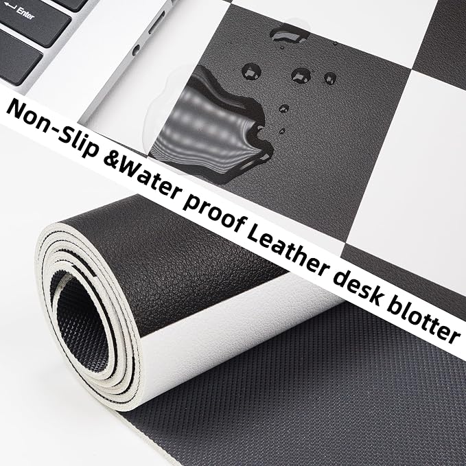 Non-Slip Checkered Desk Mat, 31.5"x12", White Black | Waterproof PU Leather, Large Blotter, Easy Clean, For Work/Home/Decor