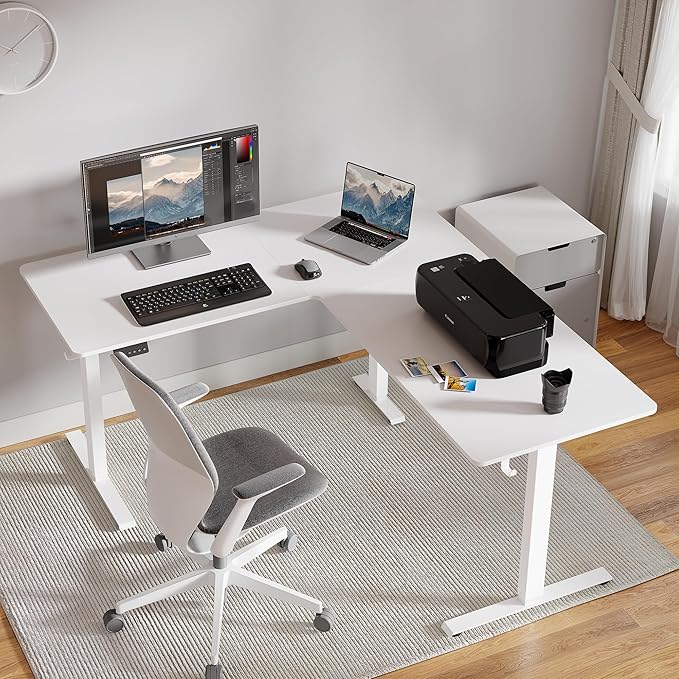 FEZIBO 63" x 55"L Shaped Standing Desk, Electric Stand up Corner Computer Desk, Sit Stand Home Office Desk with Splice Board, White