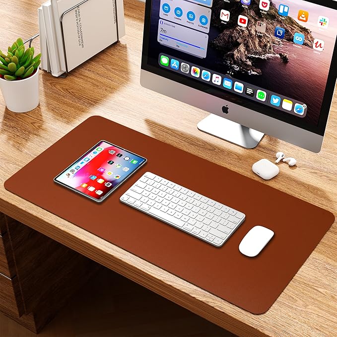 WAYBER Leather Desk Pad Protector, Waterproof Mouse Pad, PU Desk Mat, Office Desk Cover, Desk Writing Mat for Office/Home/Work/Cubicle (Brown/Gray) 31.5x15.7in