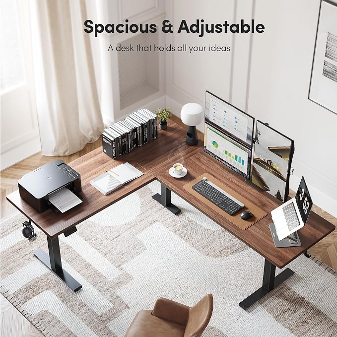 CubiCubi L Shaped Standing Desk 63 x 55 Inch Adjustable Height, Electric Corner Desk, Sit Stand Home Office Desk with Splice Board, Black Walnut
