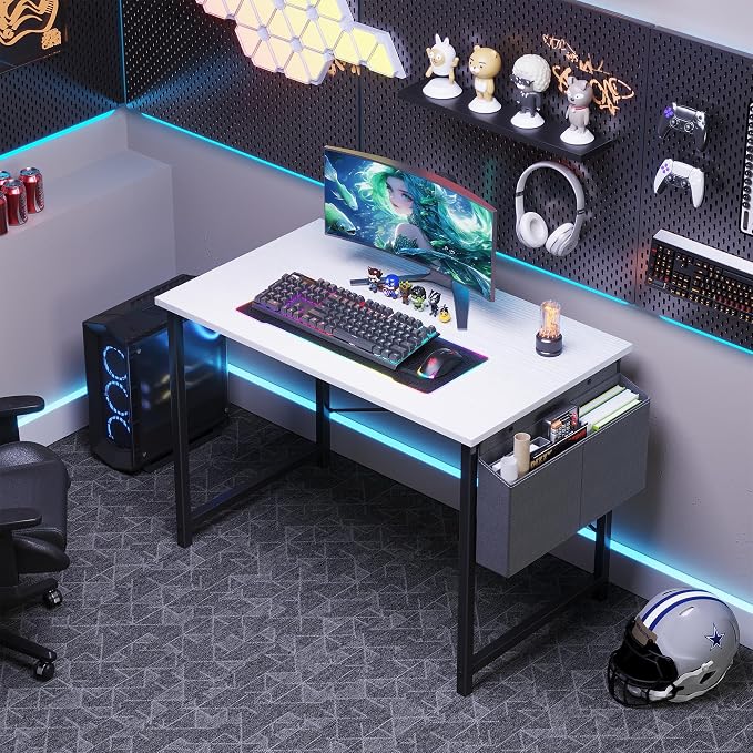 OLIXIS Computer Desk, 44 Inch Home Office Desks for Small Spaces, Writing Craft Study Gaming Table for Bedroom, Modern Computer Workstation with Storage Bag, White