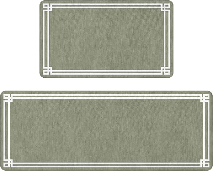Sage Green Retro Elegance Frame Textured Kitchen Rug Sets [2 PCs], Anti-Fatigue, Waterproof Non-Slip Kitchen Mats Heavy Duty Comfort Foam Rug for Kitchen, Floor, Laundry,17"x29"+17"x47"